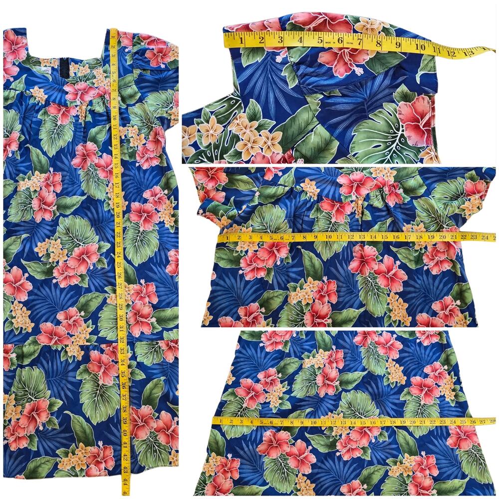 Hilo Hattie Hawaiian Muumuu Dress Blue Floral Hibiscus Cotton XL Petal Sleeve - Picture 7 of 9